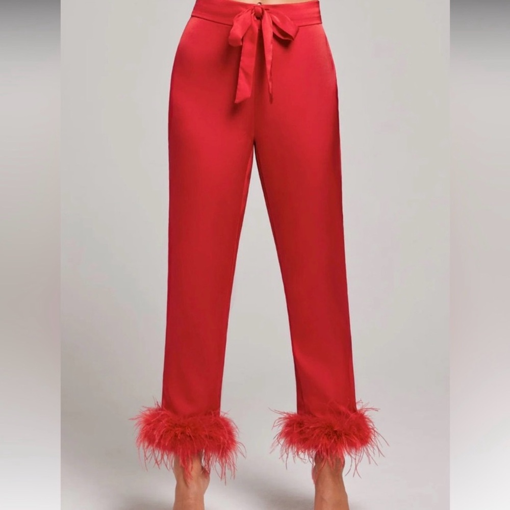 NADINE MERABI Darcie Red Feather Trim Satin Pajama Pants, Size L